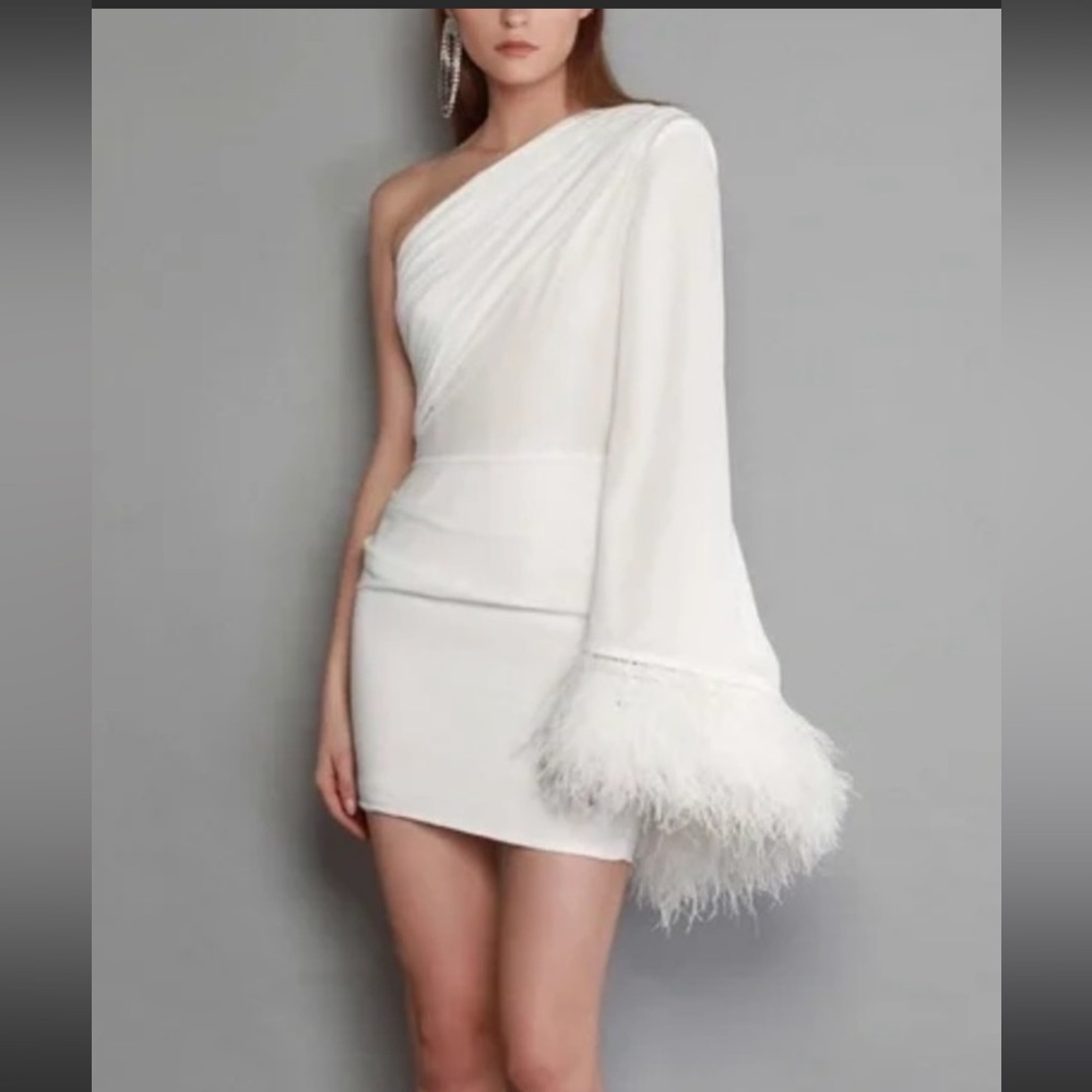 Bronx & Banco Fire One Shoulder Feather Long sleeve Mini Dress - S - White